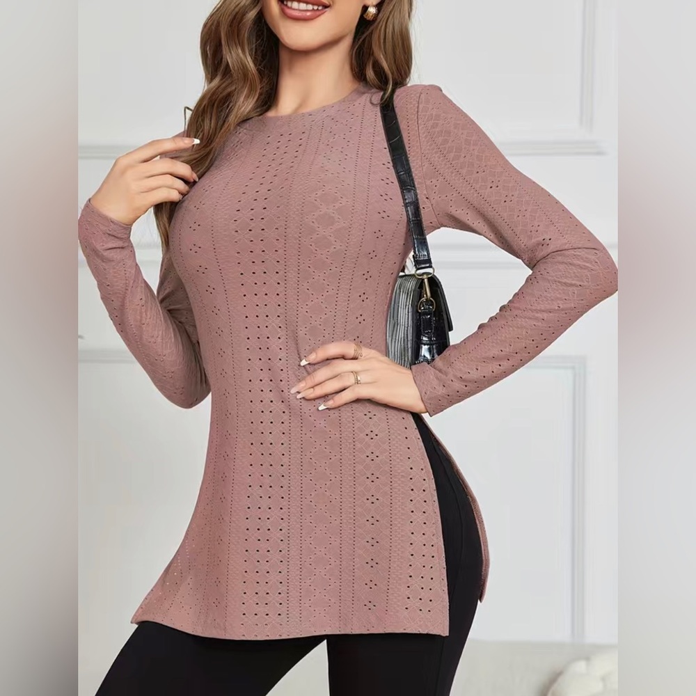 Eyelet Split Long Length T-shirt, Elegant Solid Long Sleeve T-shirt, Women's Clo